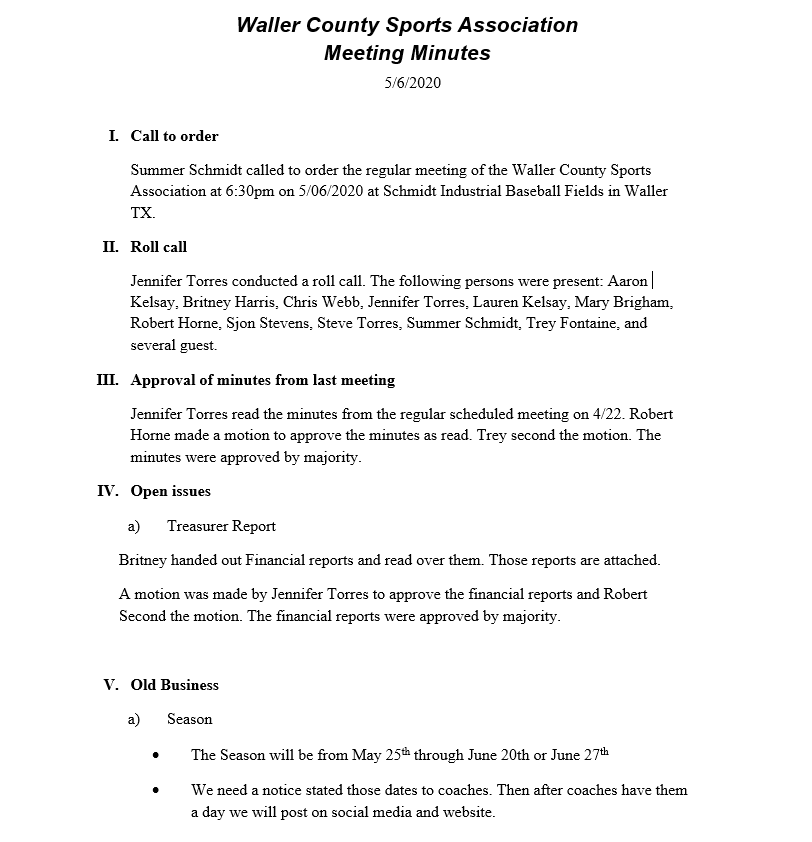 WCSA Meeting Minutes Waller County Sports Association